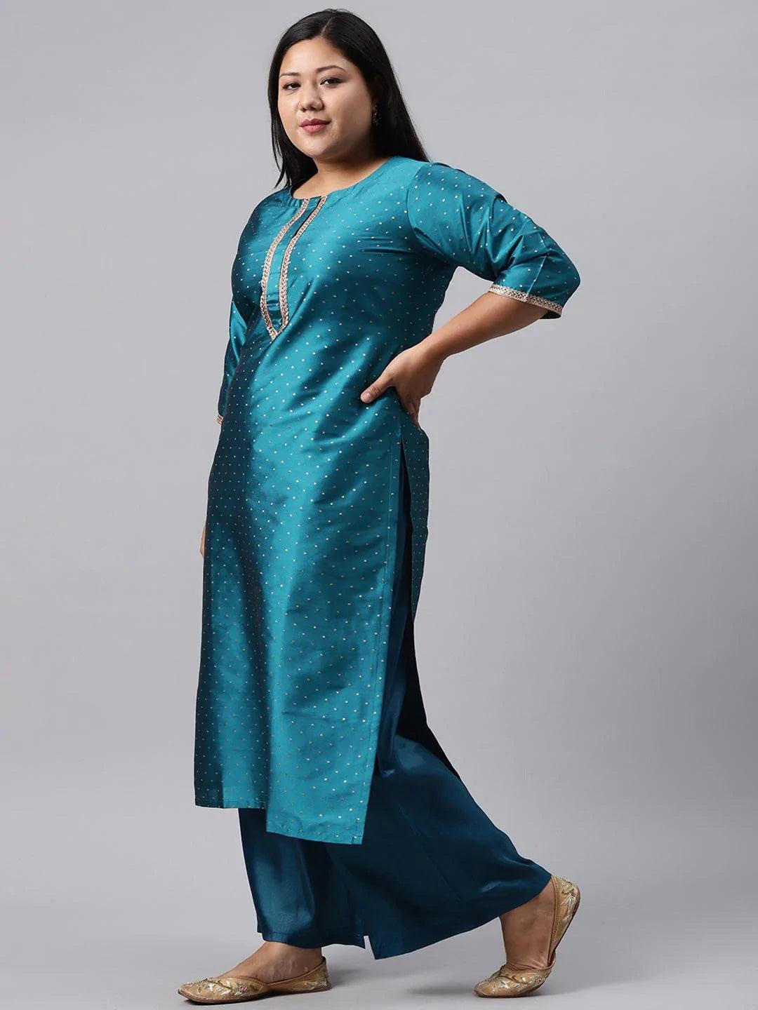 Plus Size Blue Woven Design Art Silk Suit Set - ShopLibas