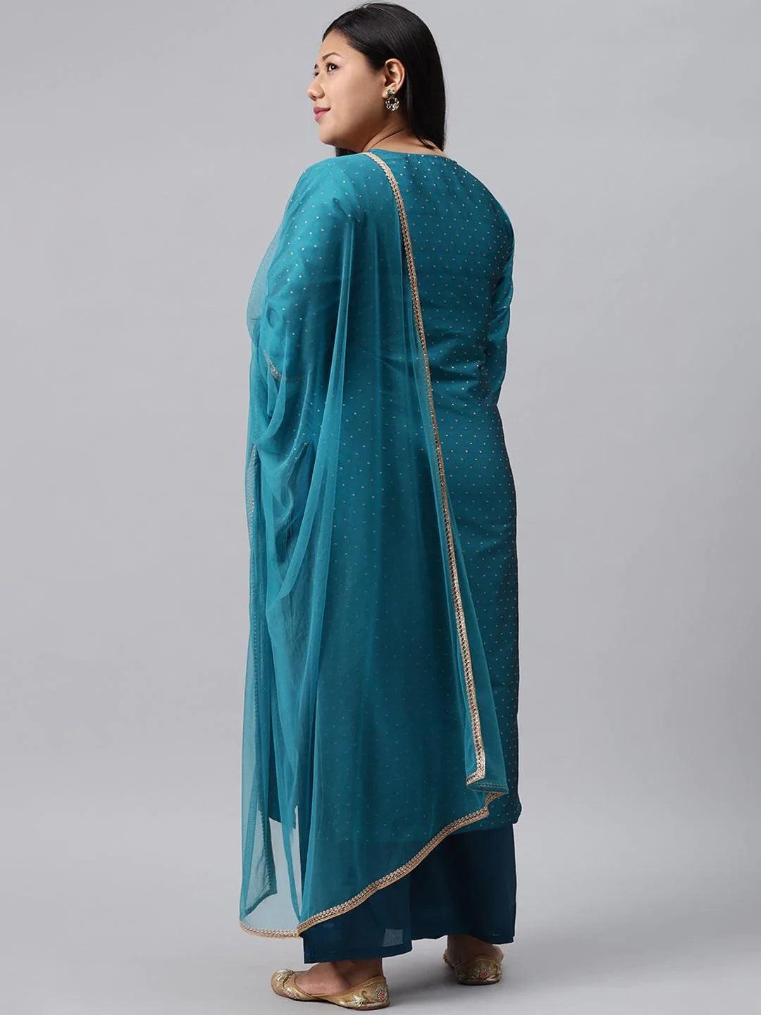 Plus Size Blue Woven Design Art Silk Suit Set - ShopLibas