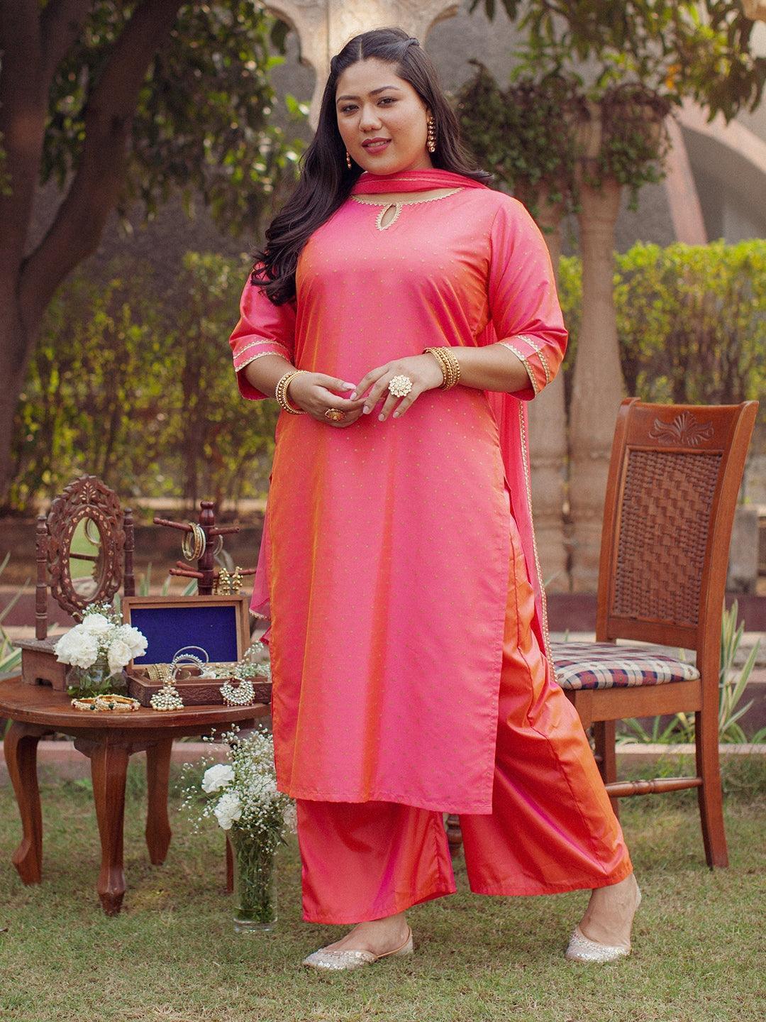 Plus Size Pink Woven Design Art Silk Suit Set - ShopLibas