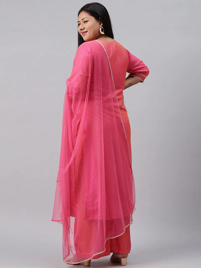 Plus Size Pink Woven Design Art Silk Suit Set - ShopLibas