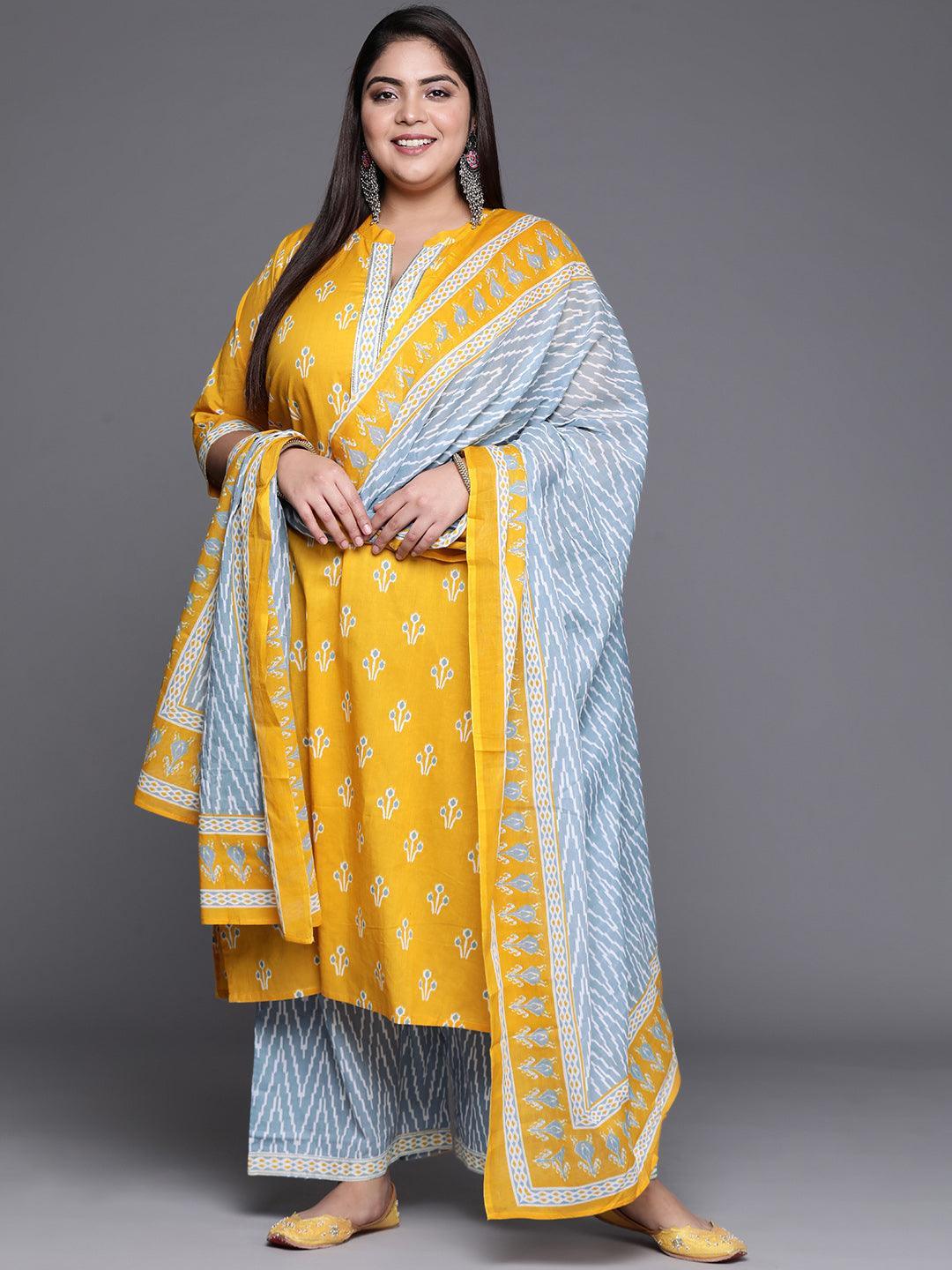 Plus Size Yellow Printed Cotton Suit Set - ShopLibas