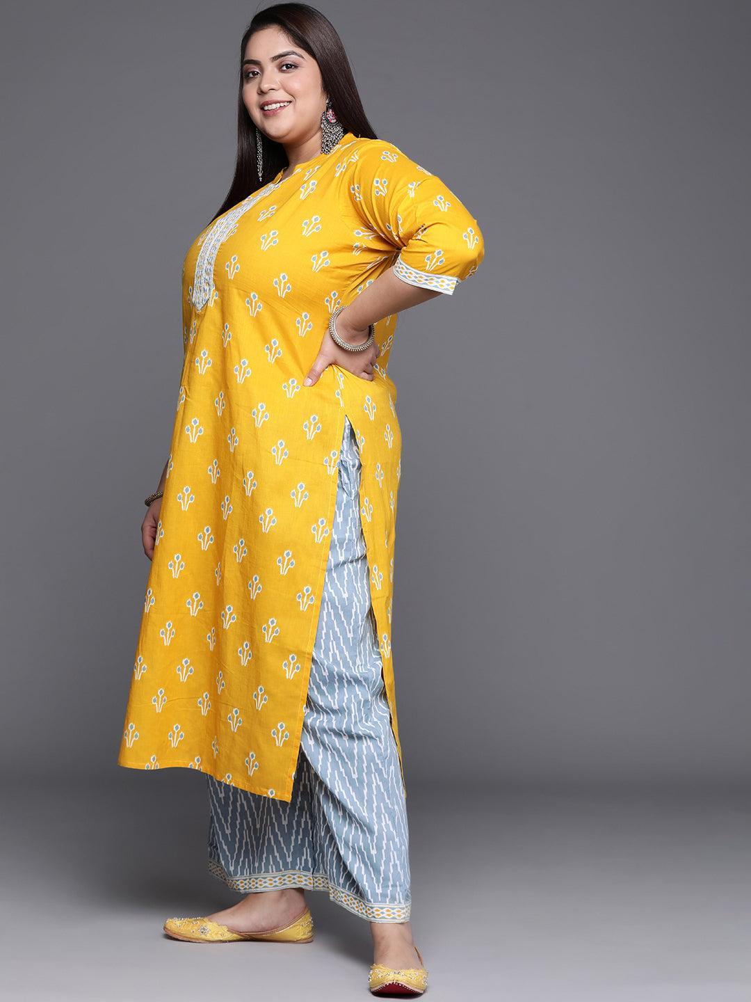 Plus Size Yellow Printed Cotton Suit Set - ShopLibas