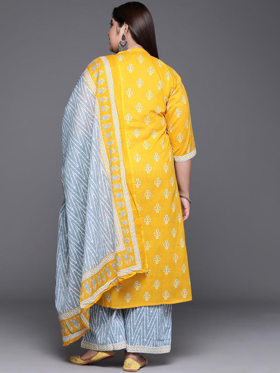 Plus Size Yellow Printed Cotton Suit Set - ShopLibas