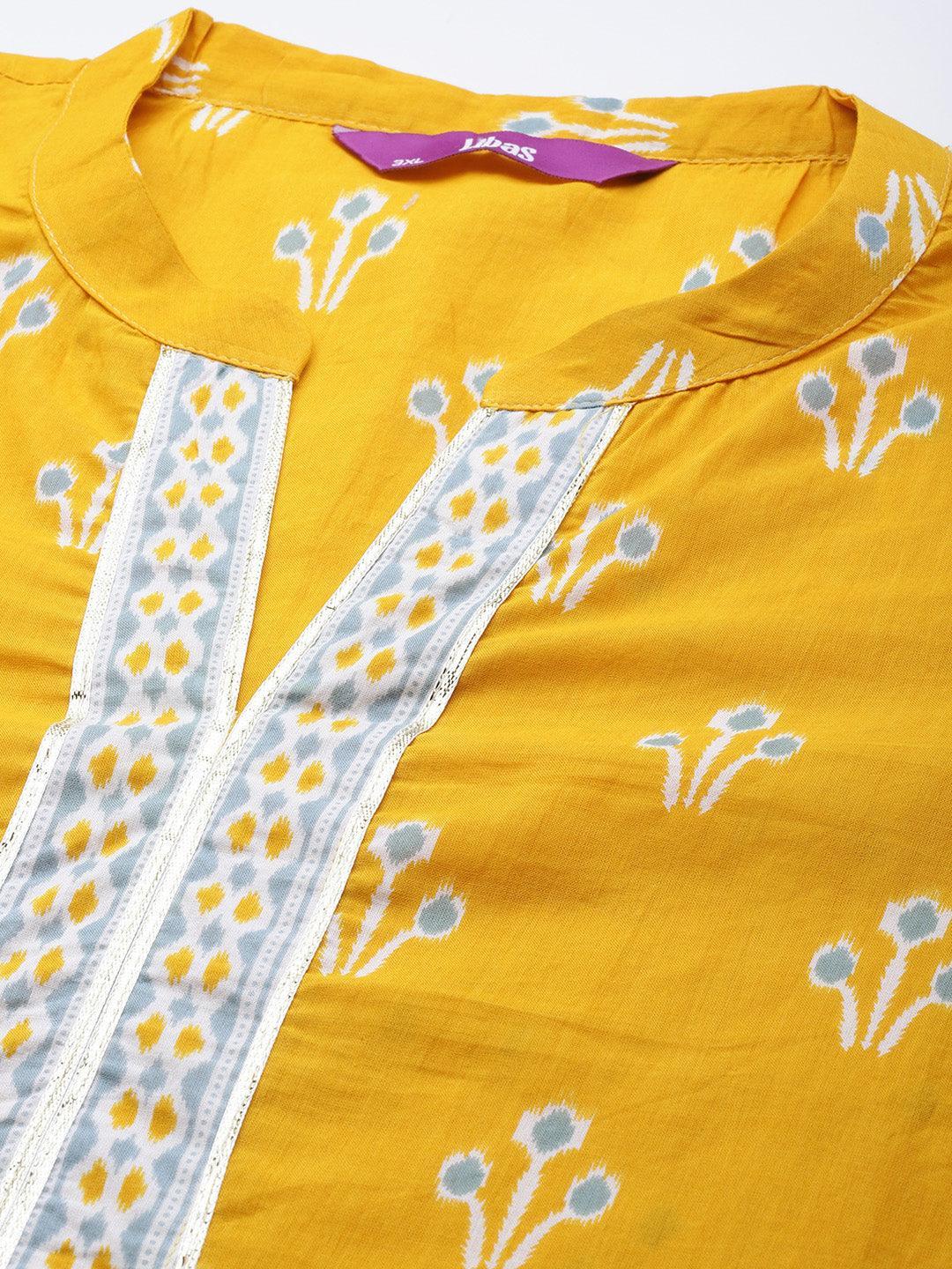 Plus Size Yellow Printed Cotton Suit Set - ShopLibas