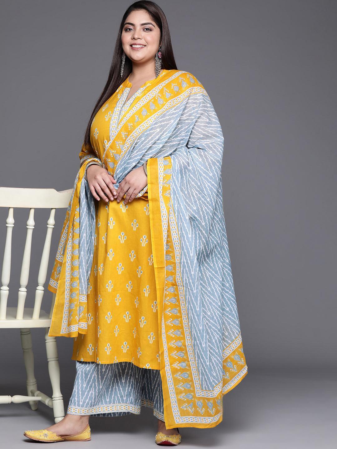 Plus Size Yellow Printed Cotton Suit Set - ShopLibas