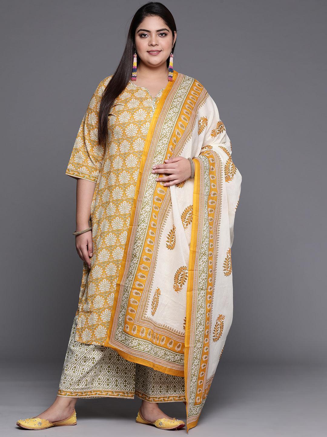 Plus Size Yellow Printed Cotton Suit Set - ShopLibas