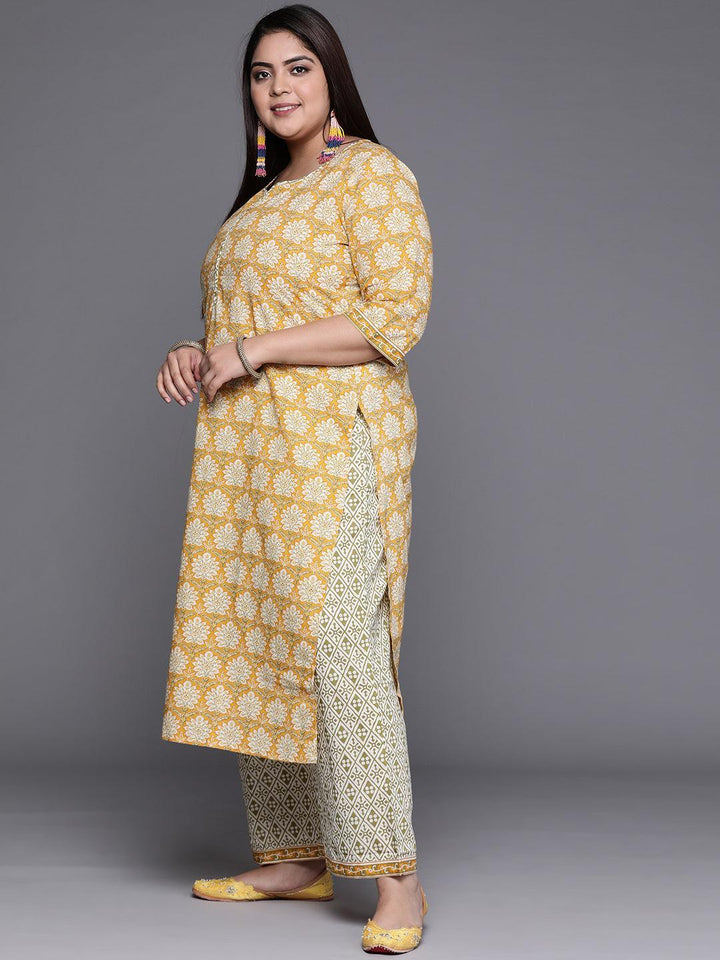 Plus Size Yellow Printed Cotton Suit Set - ShopLibas