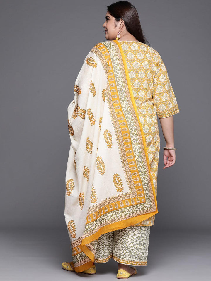 Plus Size Yellow Printed Cotton Suit Set - ShopLibas