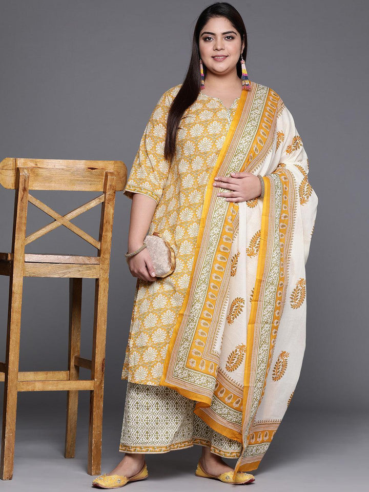 Plus Size Yellow Printed Cotton Suit Set - ShopLibas