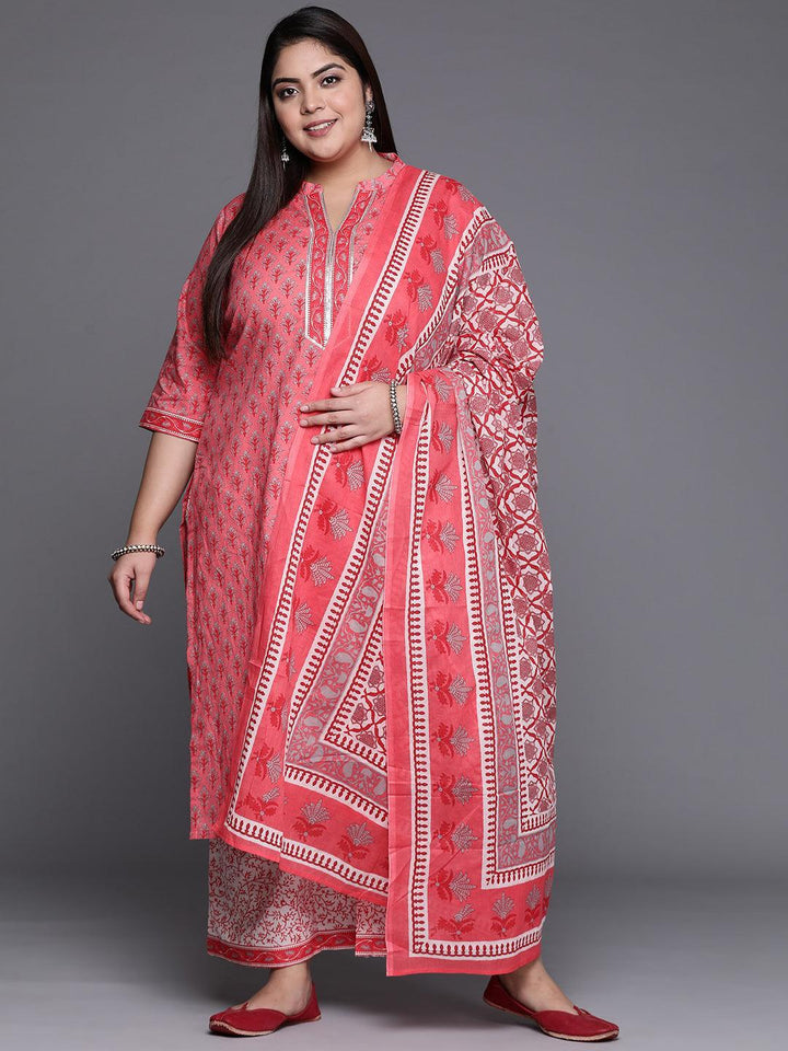 Plus Size Pink Printed Cotton Suit Set - ShopLibas