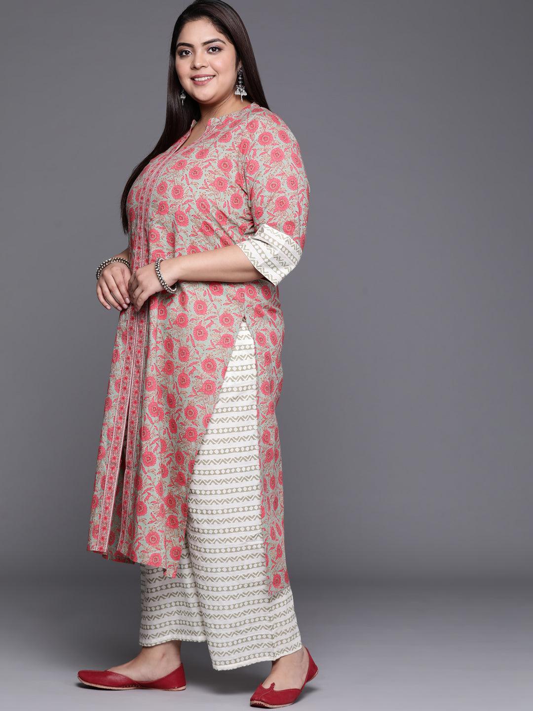 Plus Size Multicoloured Printed Cotton Suit Set - ShopLibas 
