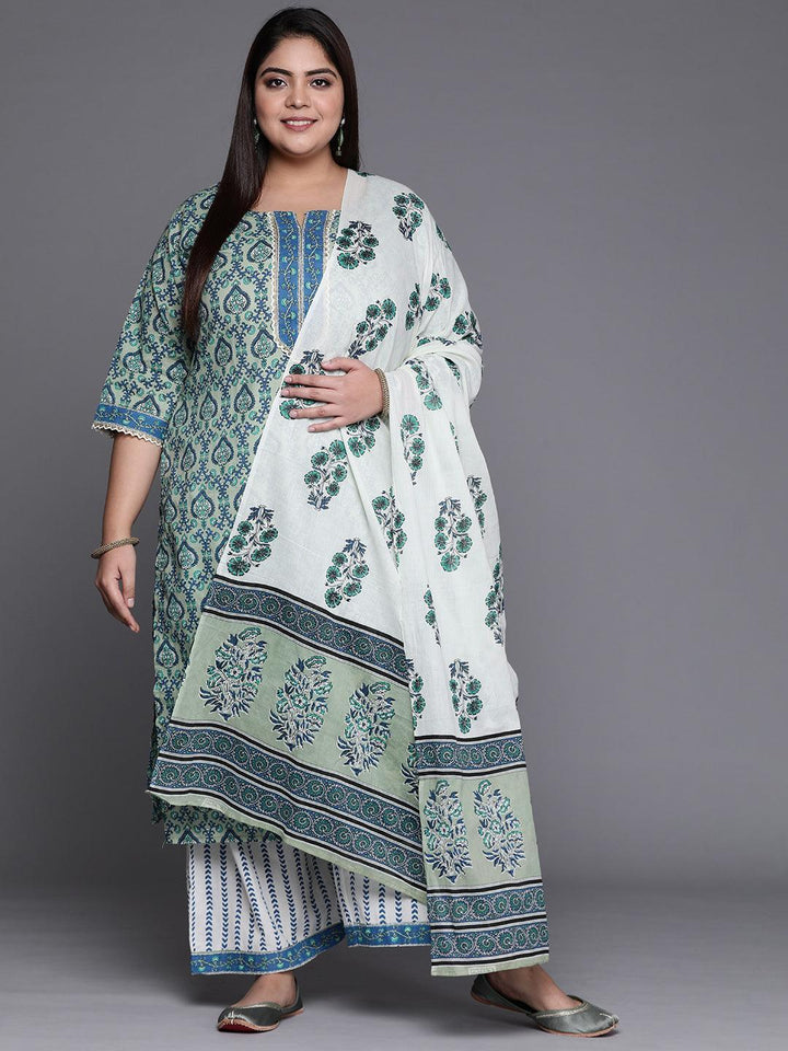 Plus Size Blue Printed Cotton Suit Set - ShopLibas