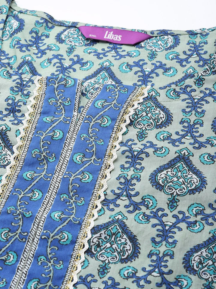Plus Size Blue Printed Cotton Suit Set - ShopLibas