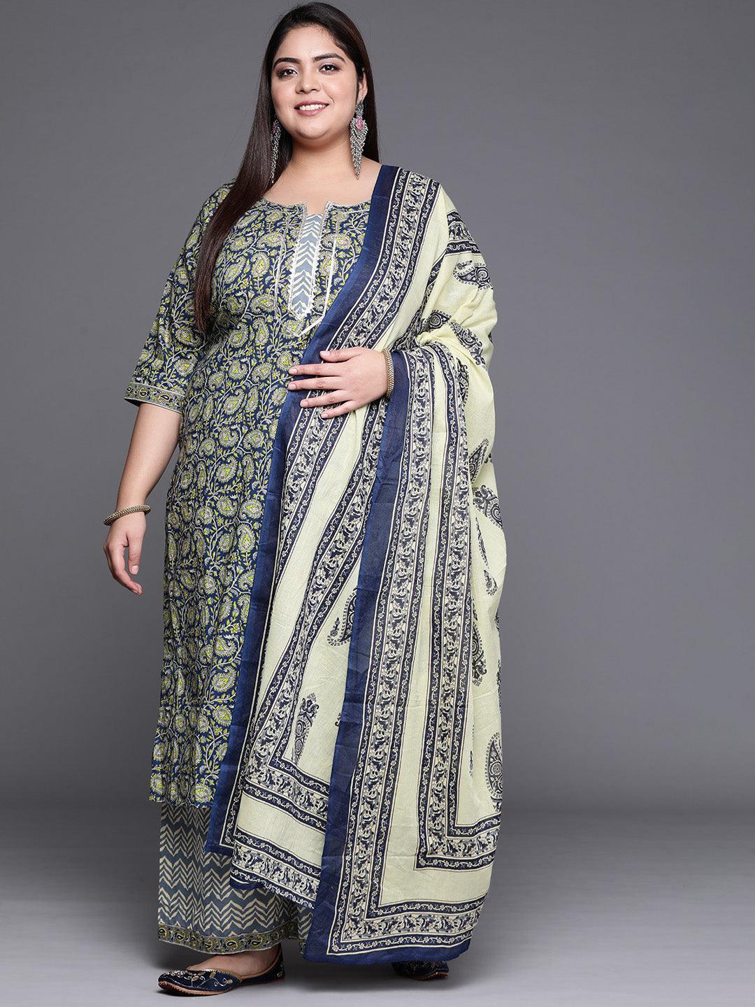 Plus Size Navy Blue Printed Cotton Suit Set - ShopLibas