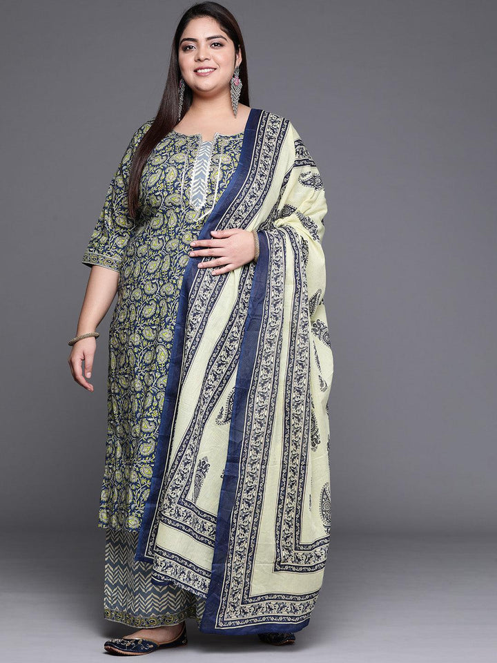 Plus Size Navy Blue Printed Cotton Suit Set - ShopLibas