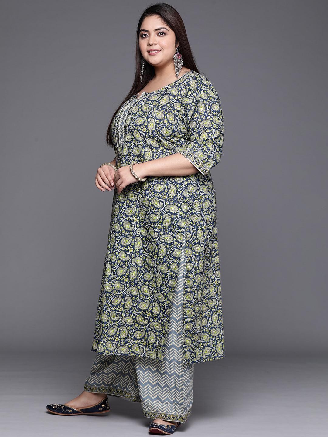 Plus Size Navy Blue Printed Cotton Suit Set - ShopLibas