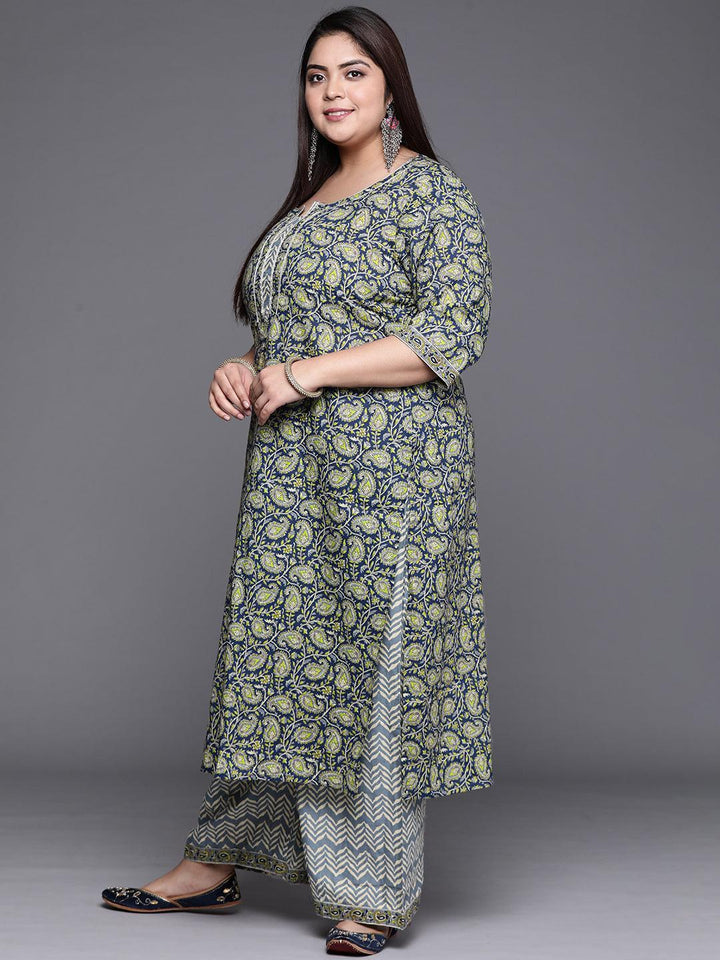 Plus Size Navy Blue Printed Cotton Suit Set - ShopLibas