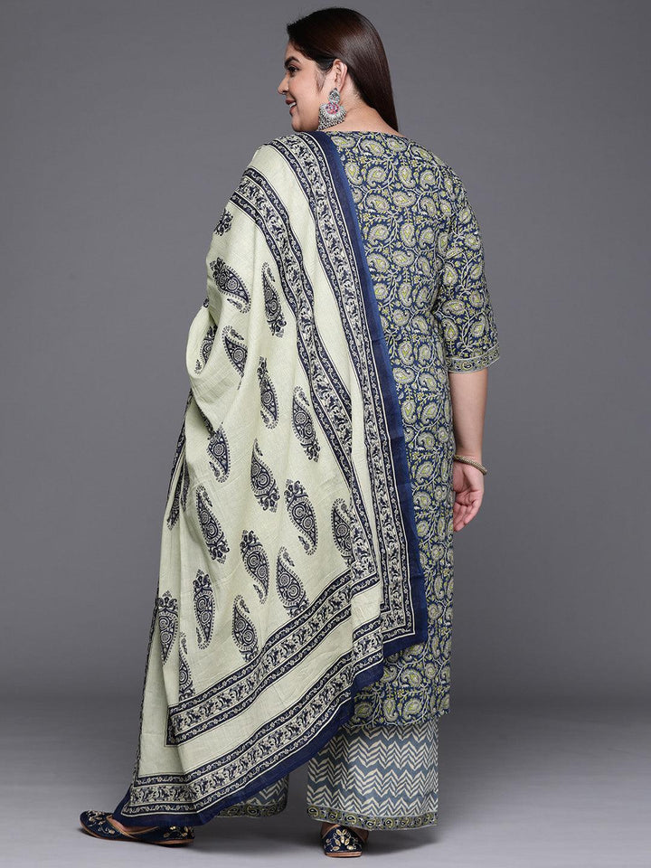 Plus Size Navy Blue Printed Cotton Suit Set - ShopLibas