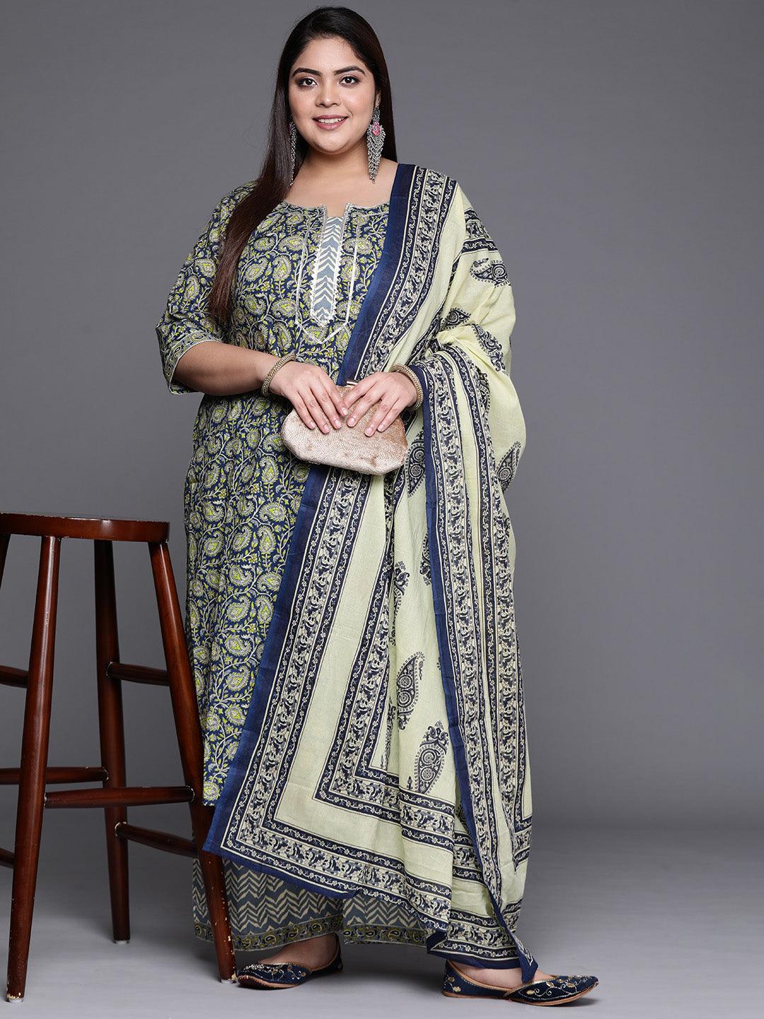 Plus Size Navy Blue Printed Cotton Suit Set - ShopLibas