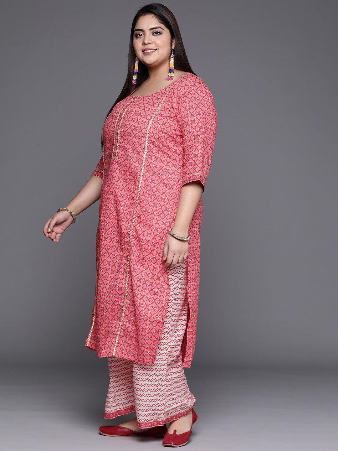 Plus Size Pink Printed Cotton Suit Set - ShopLibas