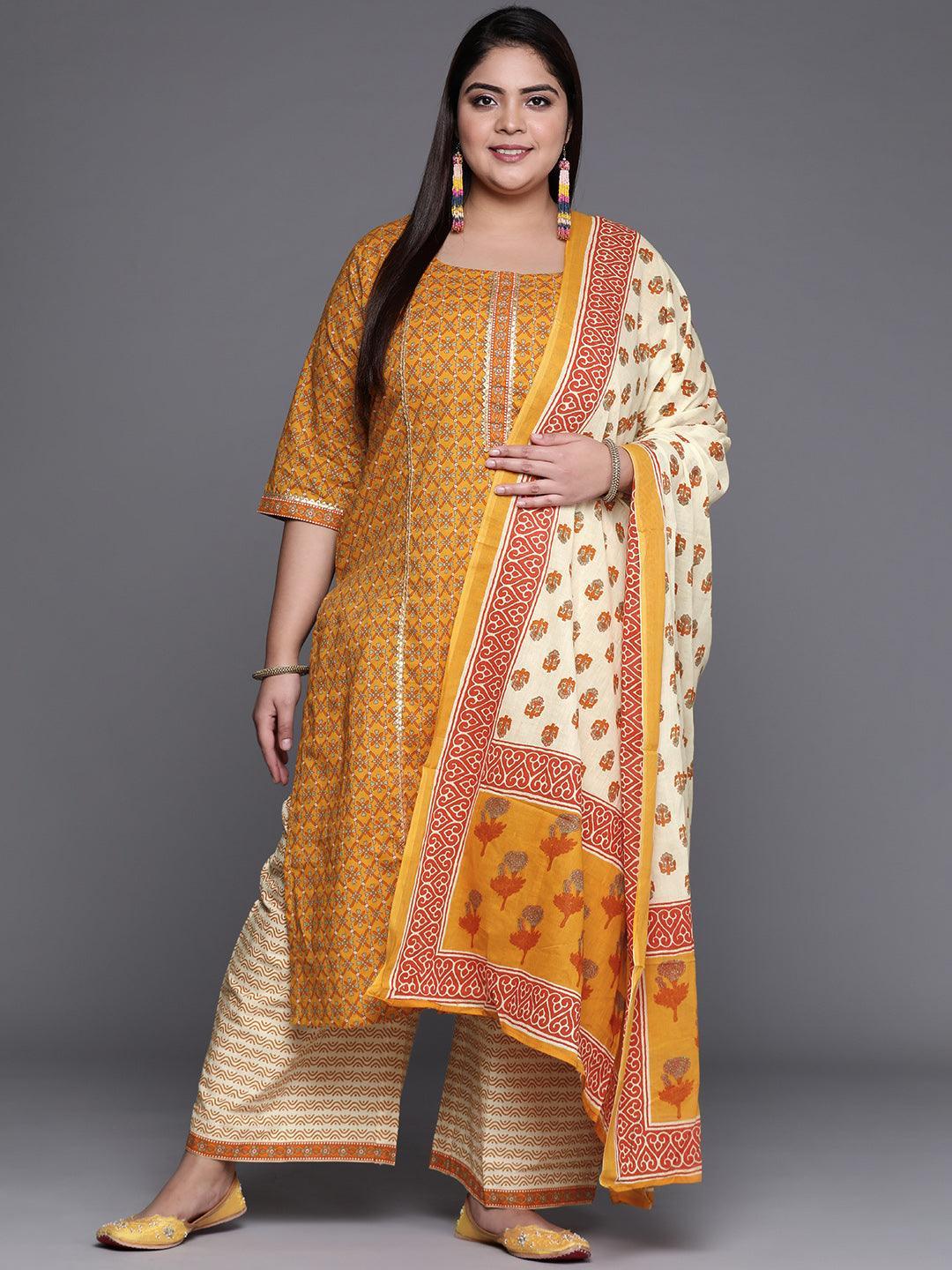 Plus Size Yellow Printed Cotton Suit Set - ShopLibas