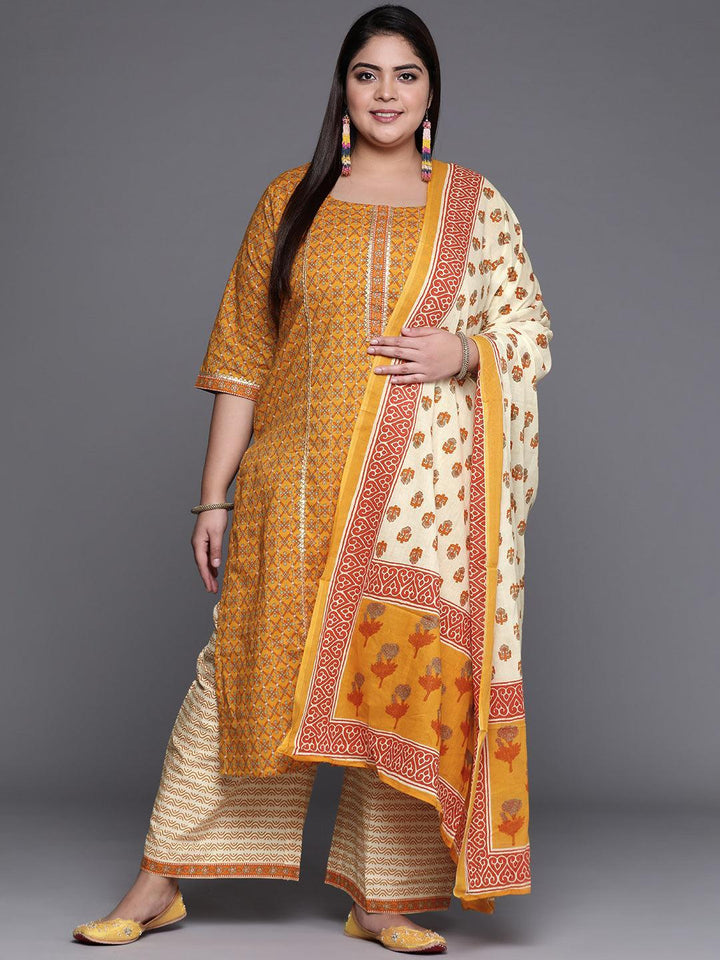 Plus Size Yellow Printed Cotton Suit Set - ShopLibas