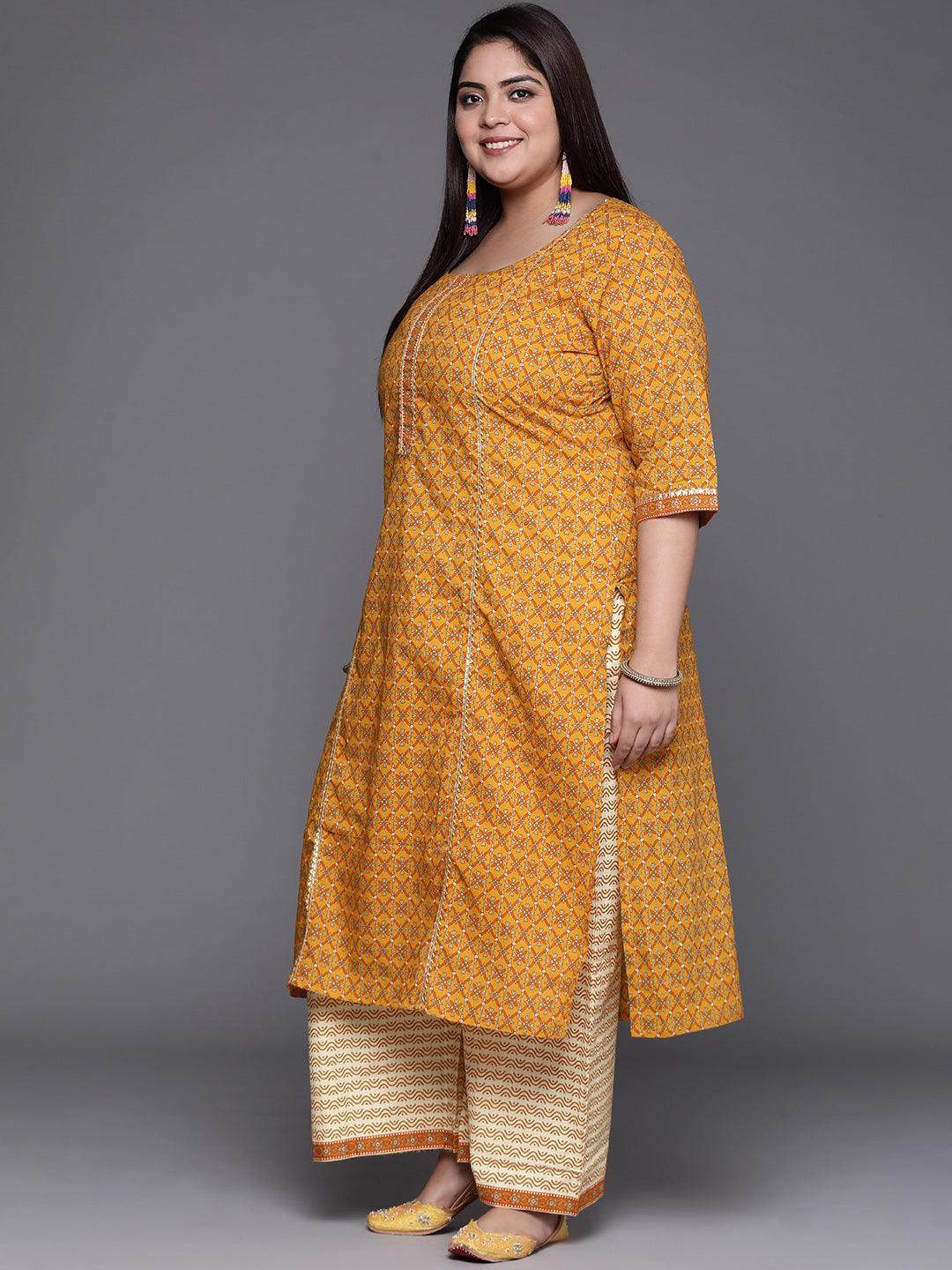 Plus Size Yellow Printed Cotton Suit Set - ShopLibas