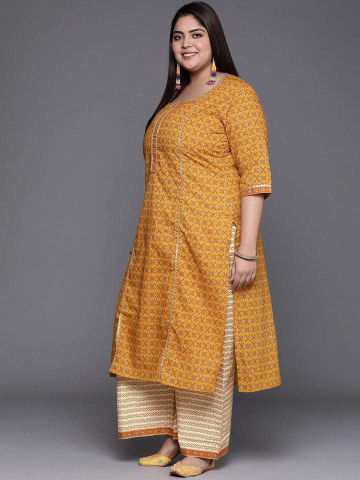 Plus Size Yellow Printed Cotton Suit Set - ShopLibas