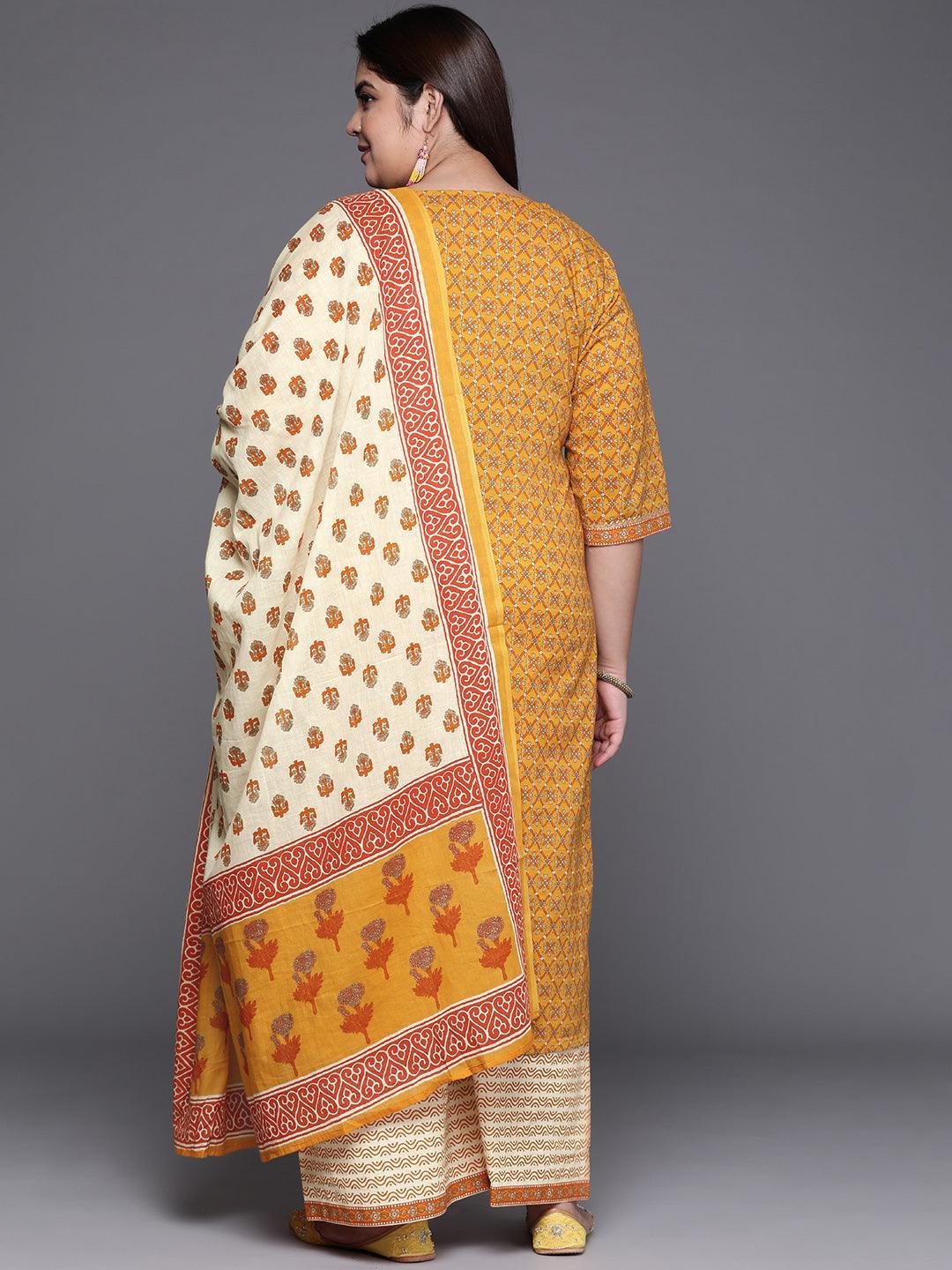 Plus Size Yellow Printed Cotton Suit Set - ShopLibas