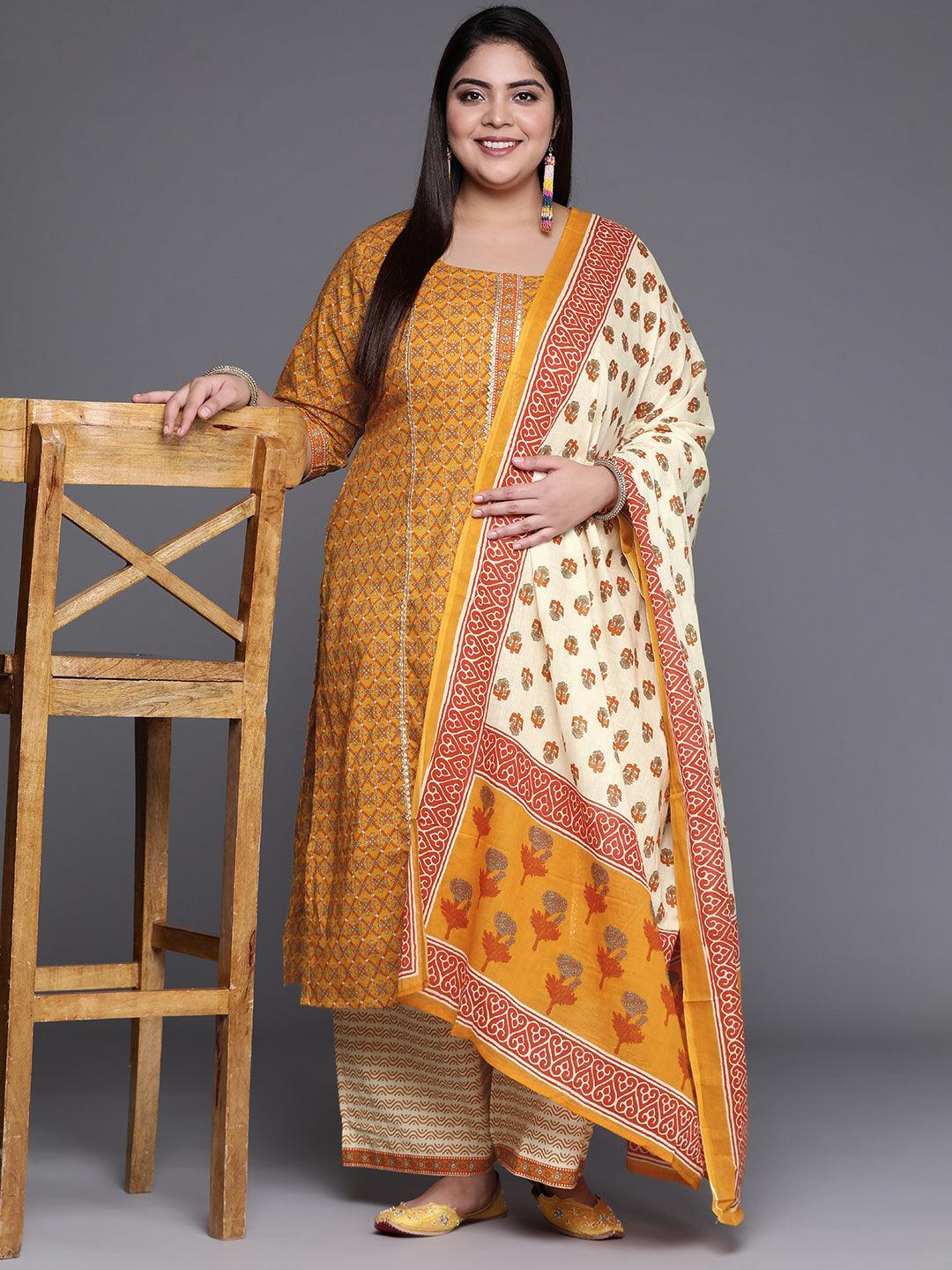 Plus Size Yellow Printed Cotton Suit Set - ShopLibas