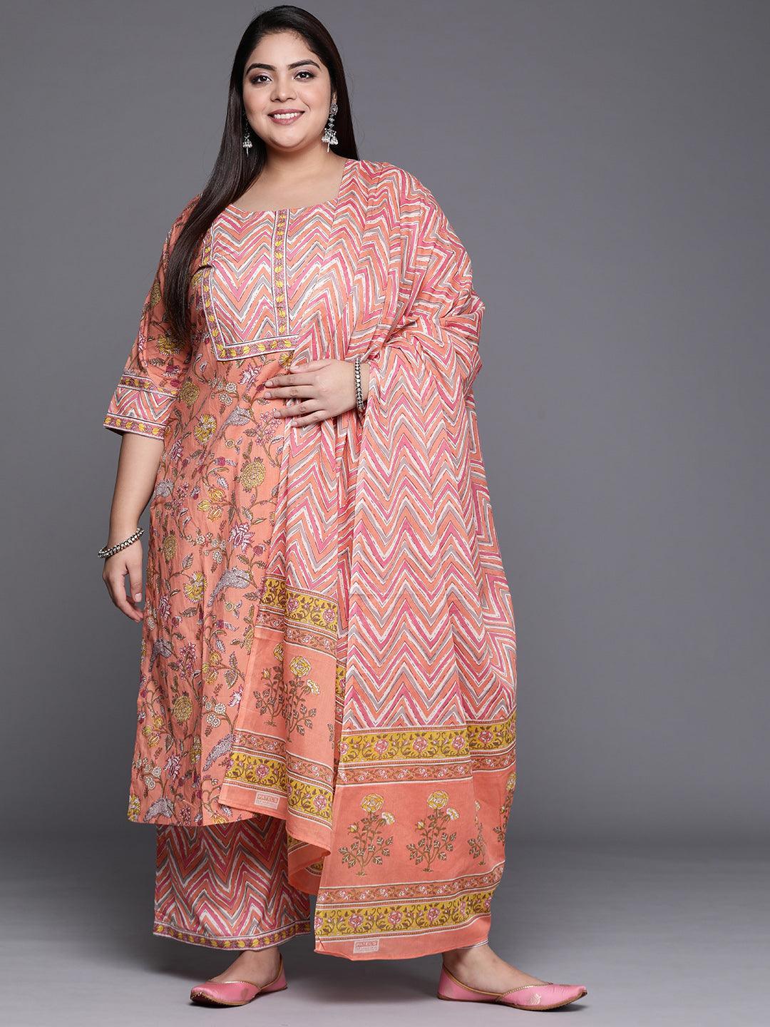 Plus Size Peach Printed Cotton Suit Set - ShopLibas