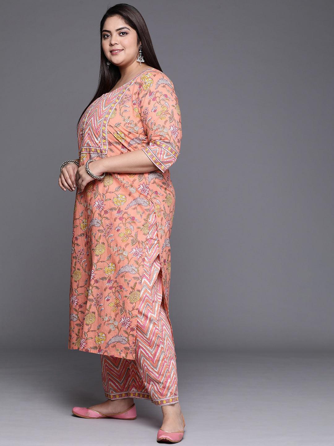 Plus Size Peach Printed Cotton Suit Set - ShopLibas
