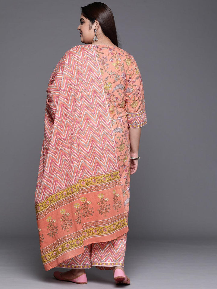 Plus Size Peach Printed Cotton Suit Set - ShopLibas