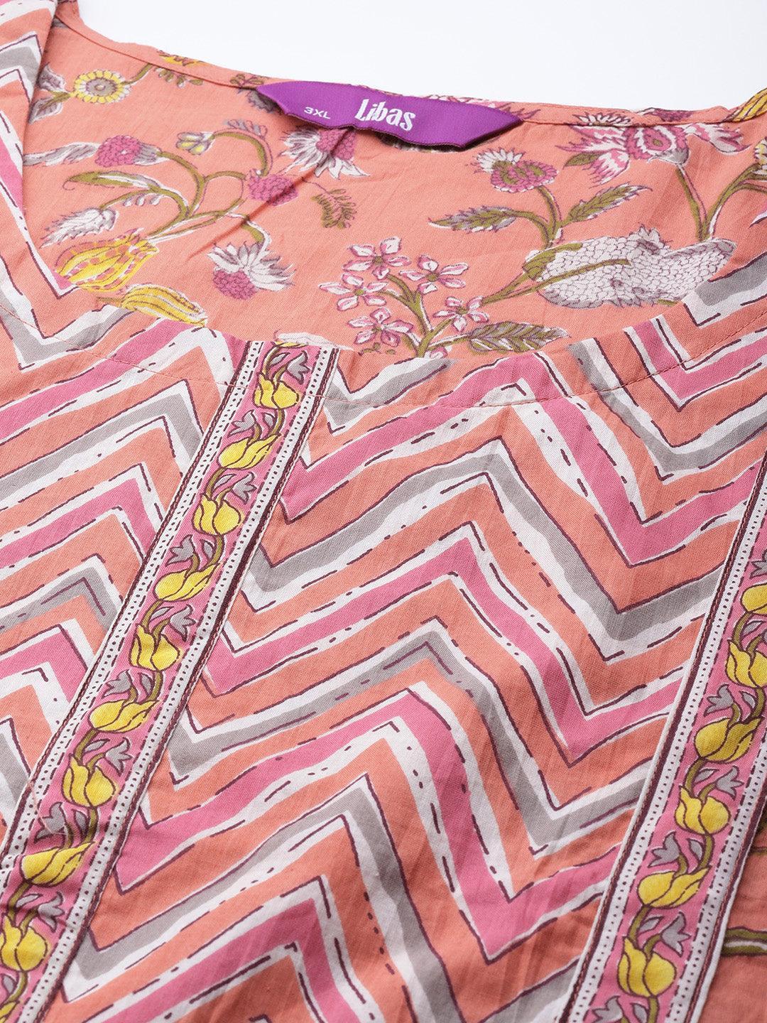 Plus Size Peach Printed Cotton Suit Set - ShopLibas