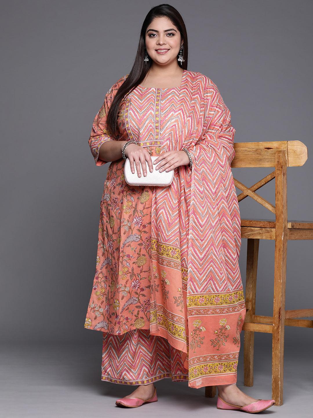 Plus Size Peach Printed Cotton Suit Set - ShopLibas