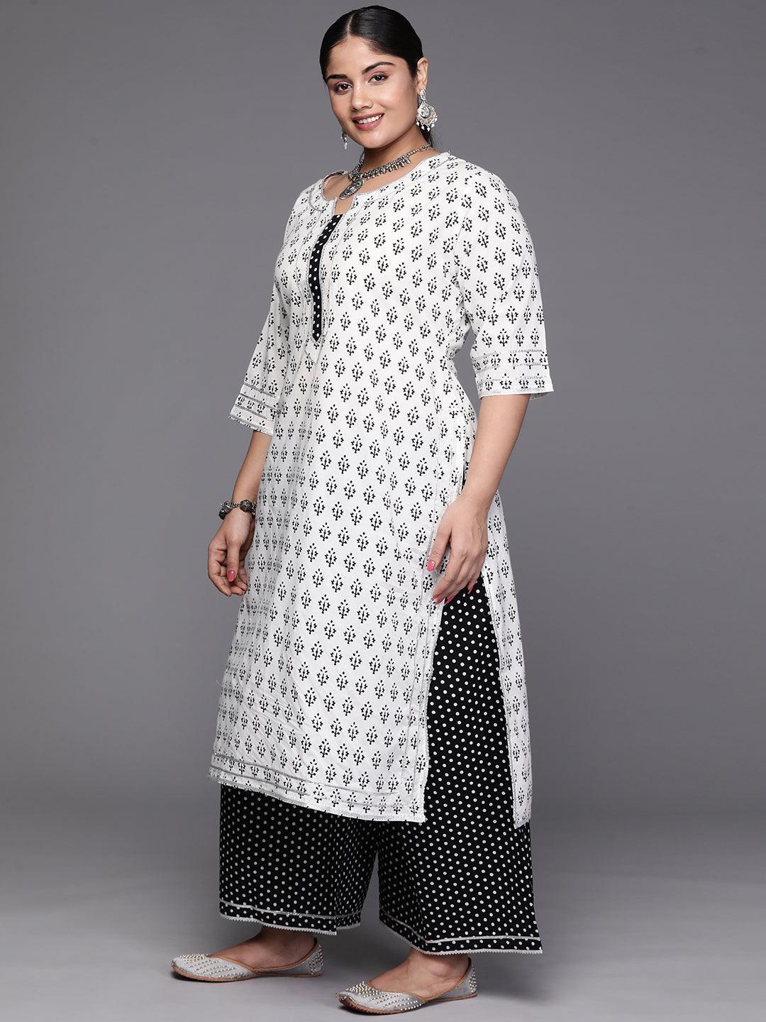 Plus Size White Printed Cotton Kurta With Palazzos & Dupatta - Libas 