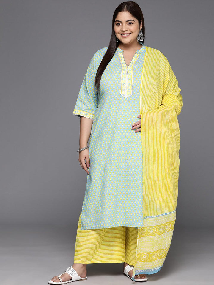 Plus Size Blue Printed Cotton Straight Kurta With Palazzos & Dupatta