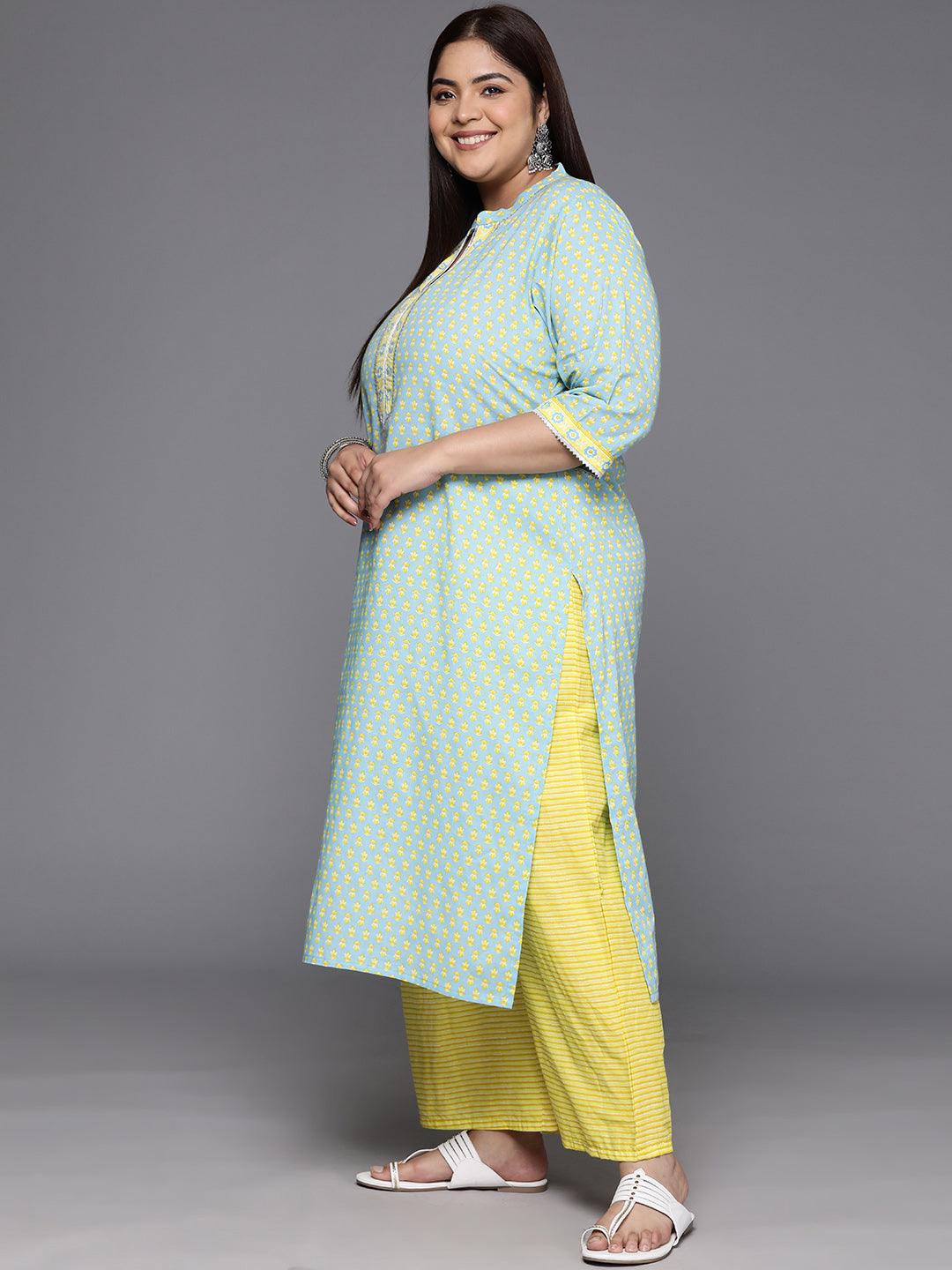 Plus Size Blue Printed Cotton Straight Kurta With Palazzos & Dupatta - ShopLibas 