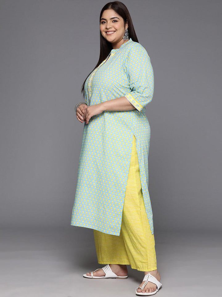 Plus Size Blue Printed Cotton Straight Kurta With Palazzos & Dupatta