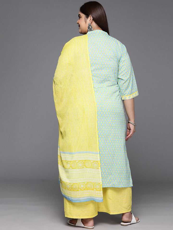Plus Size Blue Printed Cotton Straight Kurta With Palazzos & Dupatta