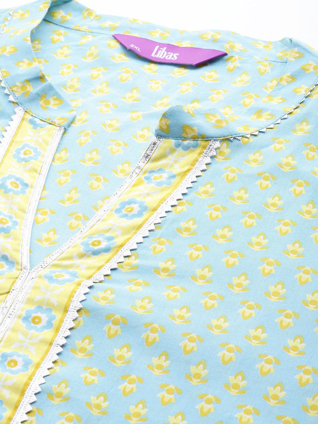 Plus Size Blue Printed Cotton Straight Kurta With Palazzos & Dupatta - ShopLibas 