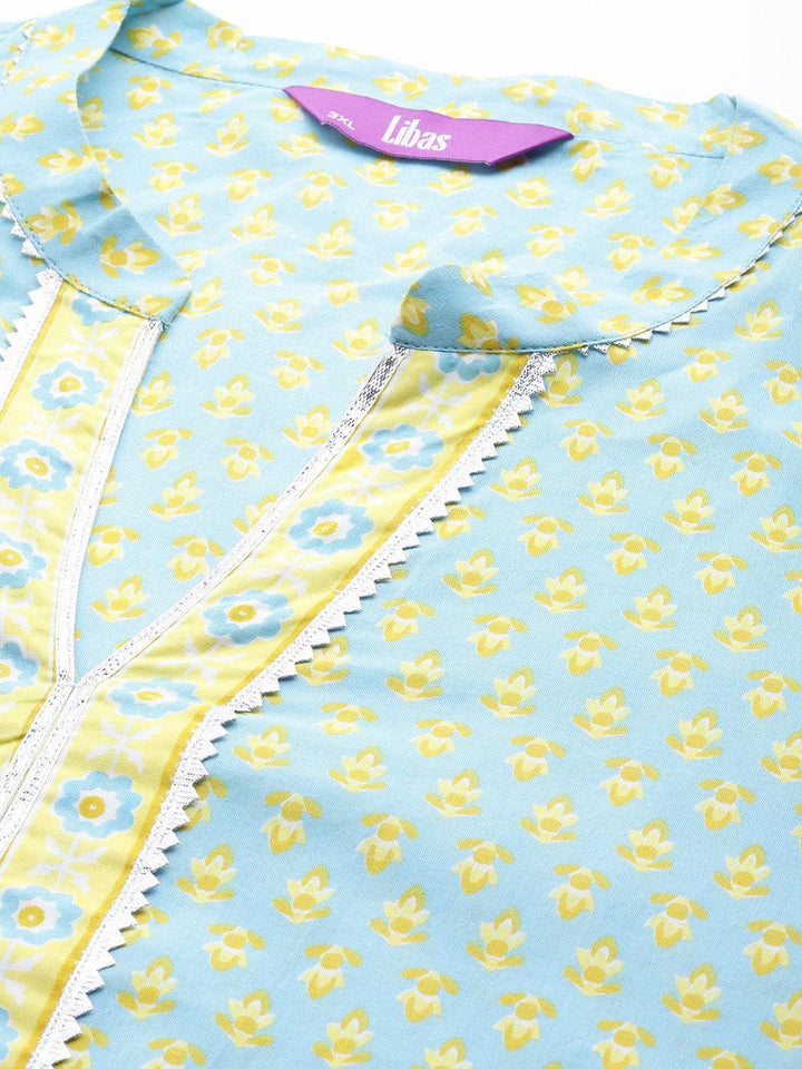 Plus Size Blue Printed Cotton Straight Kurta With Palazzos & Dupatta