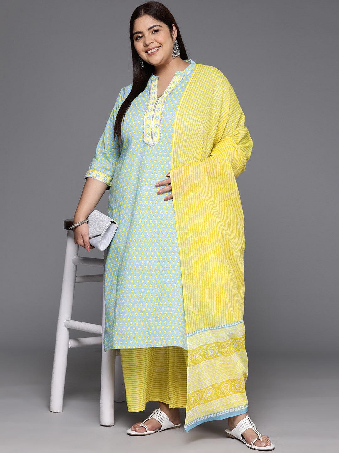 Plus Size Blue Printed Cotton Straight Kurta With Palazzos & Dupatta - ShopLibas 
