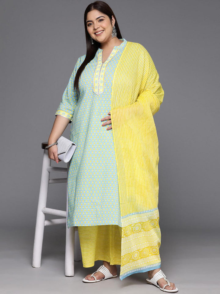 Plus Size Blue Printed Cotton Straight Kurta With Palazzos & Dupatta
