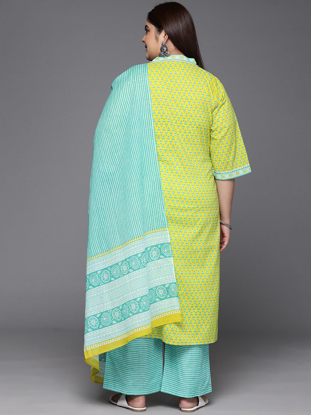 Plus Size Lime Green Printed Cotton Straight Kurta With Trousers & Dupatta - ShopLibas 