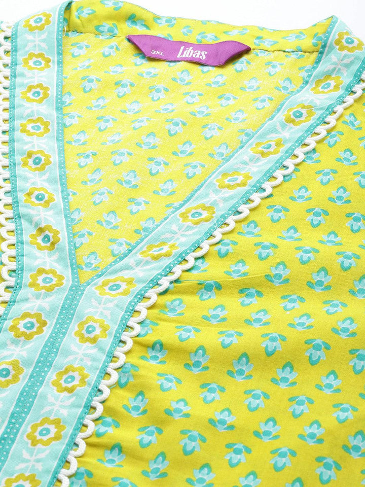 Plus Size Lime Green Printed Cotton Straight Kurta With Trousers & Dupatta