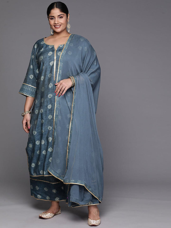 Grey Printed Silk Blend Straight Kurta With Palazzos & Dupatta