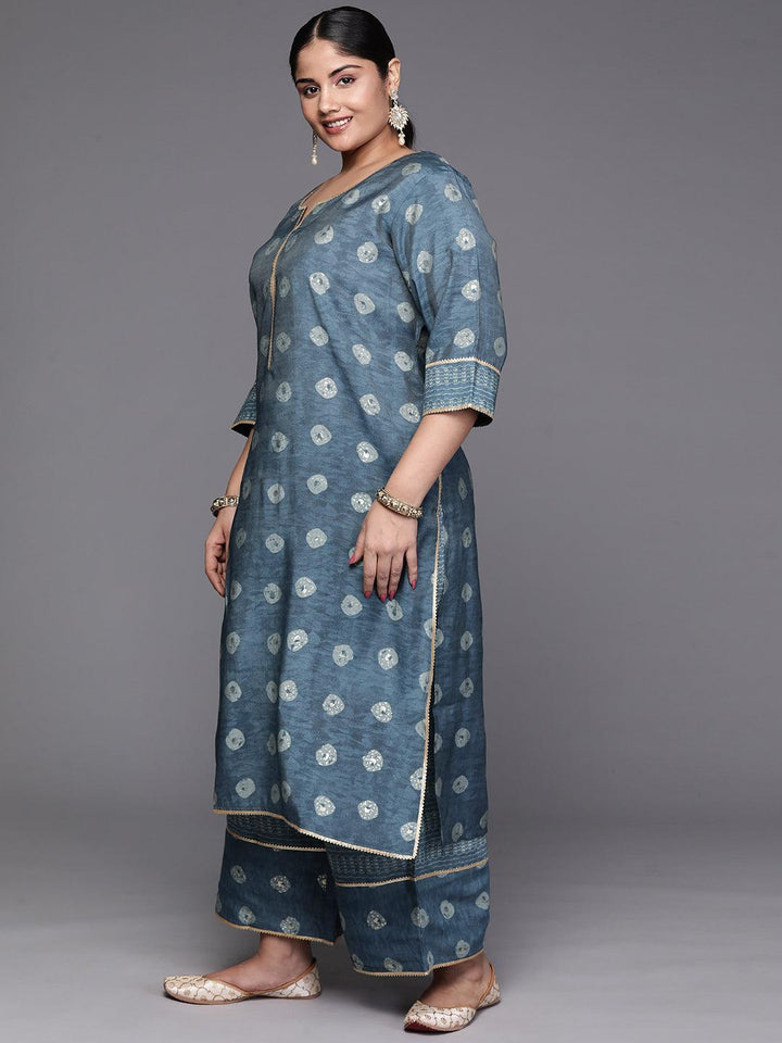 Grey Printed Silk Blend Straight Kurta With Palazzos & Dupatta