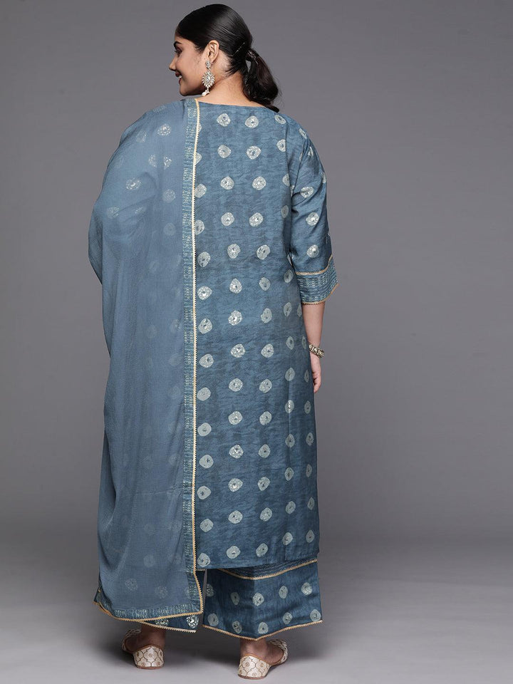 Grey Printed Silk Blend Straight Kurta With Palazzos & Dupatta
