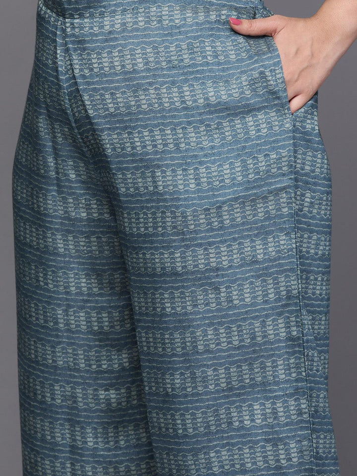 Grey Printed Silk Blend Straight Kurta With Palazzos & Dupatta